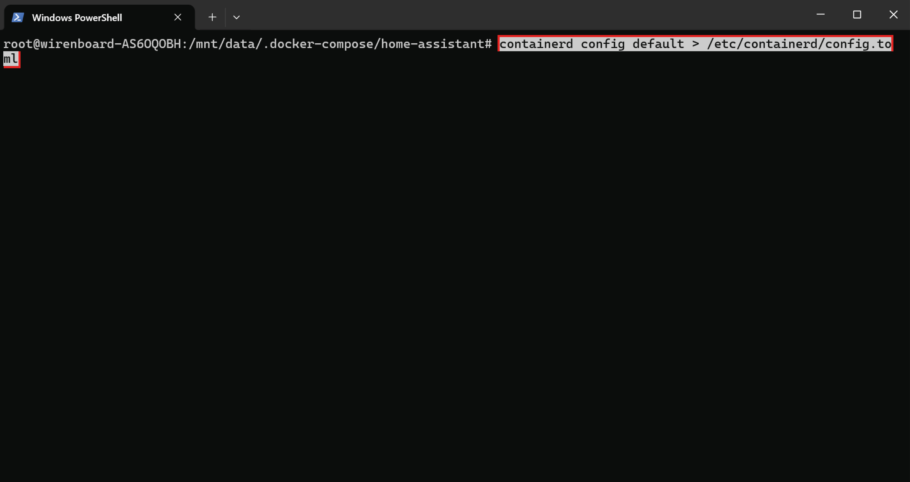В созданную папку генерируем конфигурационный файл. Это необходимо для корректно работы Docker в условиях переноса его на дополнительный диск