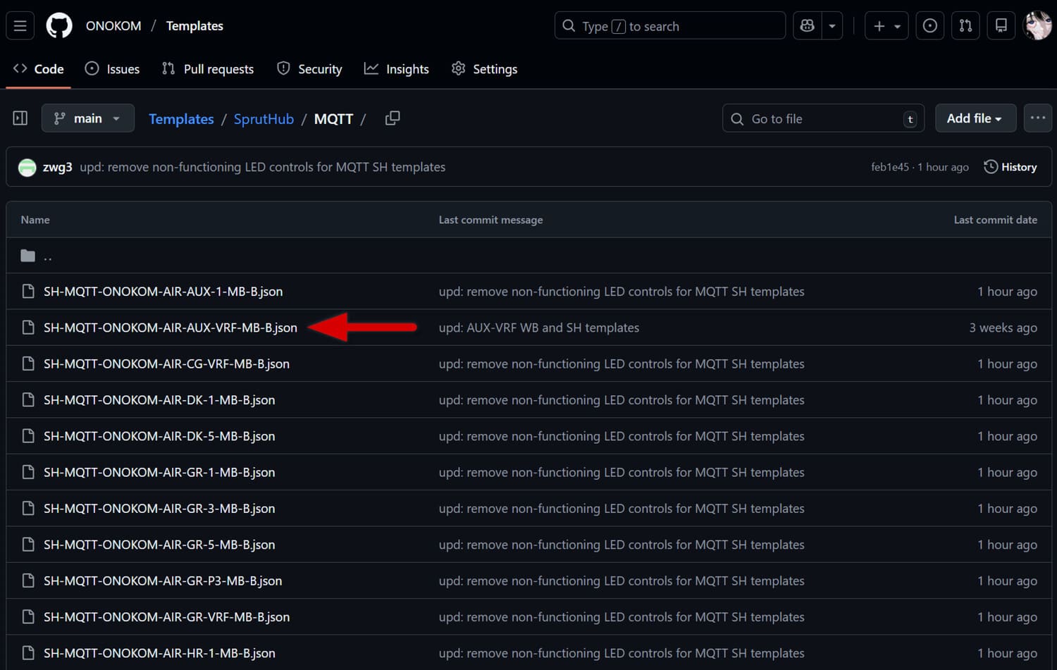 Выбираем шаблон «SH-MQTT-ONOKOM-AIR-AUX-VRF-MB-B.json» 