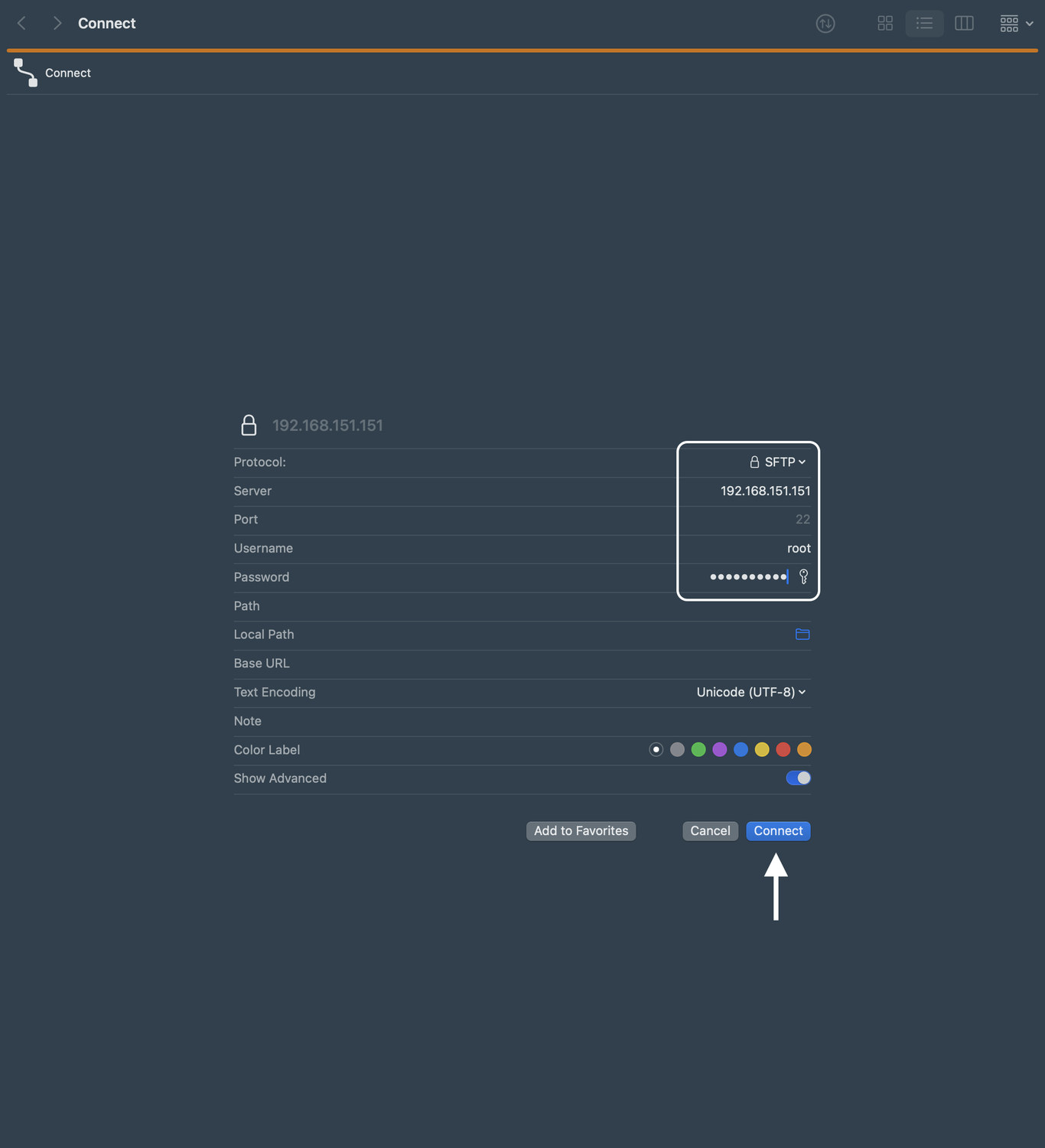Открываем SFTP-менеджер и вводим данные для соединения к контроллеру